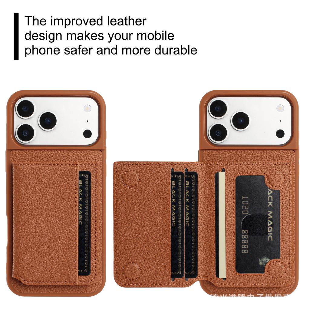 Applicable To iPhone17 Mobile Phone Case Samsung S25 Lychee Pattern Card Holder Anti-drop Protective Case A57 Solid Color Leather Case