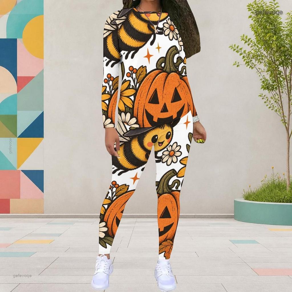 Women Plus Size Round Neck Long Sleeve Bee Pumpkin Printed Top And Fitted Pants Two Piece Set