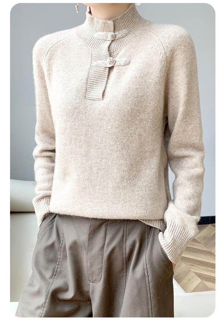 Women's Slimming Wool Sweater - Chinese Style Button-Up, Half-High Collar, Long Sleeve Pullover for Autumn/Winter