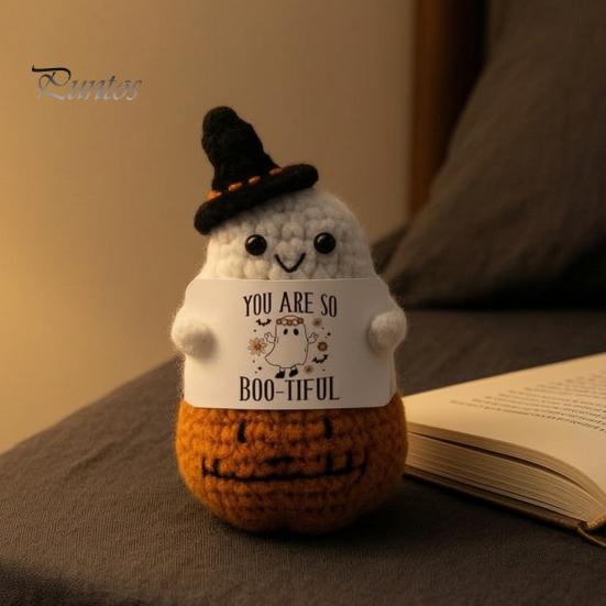 Portable Travel Friendly Charm Hand Knitted Halloween Ghost Ornament, Crochet Plush Doll with Whimsical Witch Hat Pumpkin Encouragement Card,