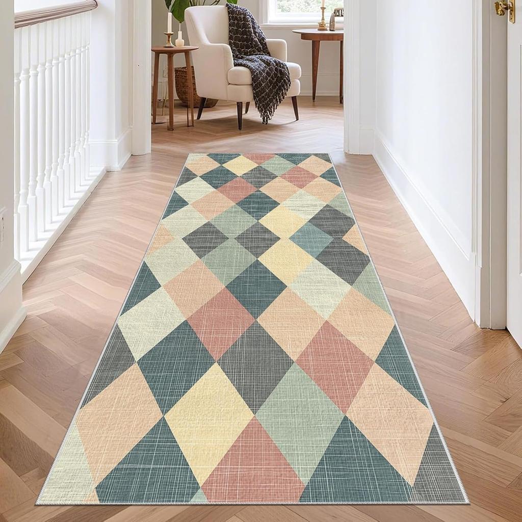 Geometric Color Block Runner Rug Modern Minimalist Artistic Home Decor Carpet Non-Slip Hallway Living Room Bedroom Decor Mat