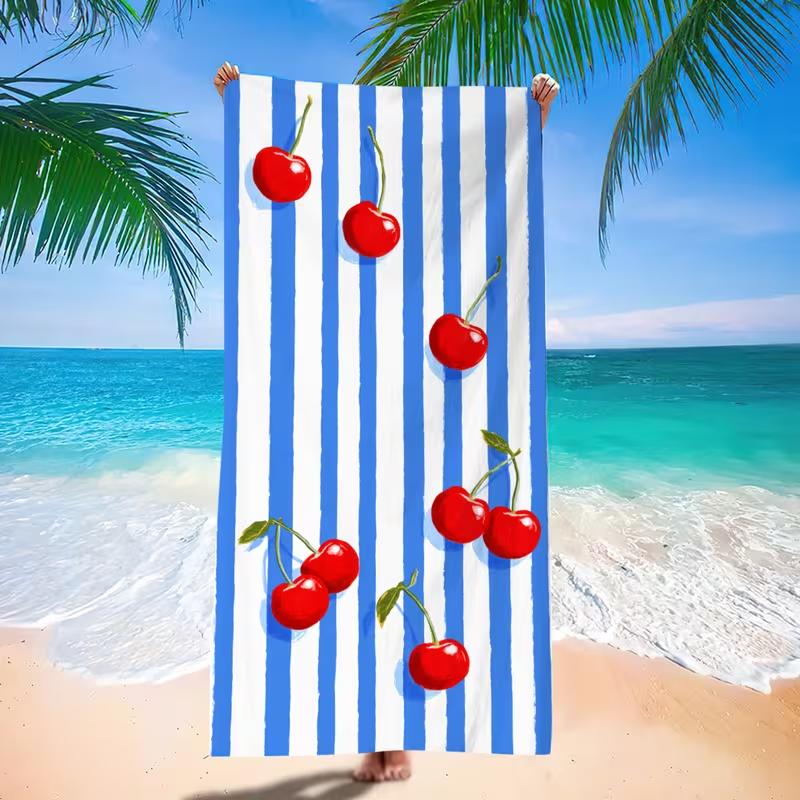 Red Cherry Blue White Stripe Beach Towel Sand Free Quick Dry Cute Fruit Beach Blanket for Camping Summer Vacation Beach