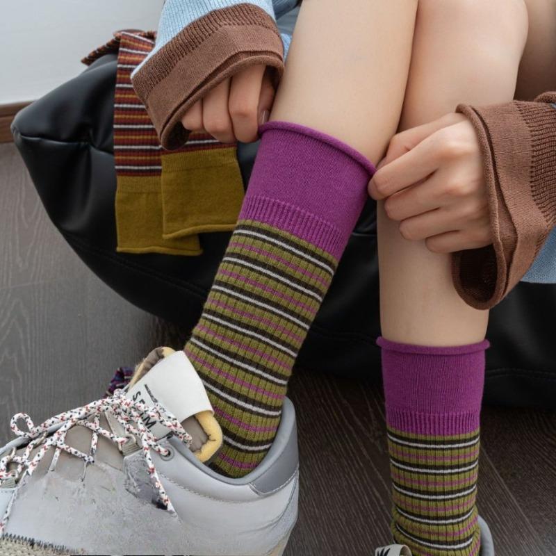 Autumn and Winter Color-blocking Striped High-slit Mid-calf Socks for Women's Fashion Pairs with Pure Cotton Puffy Long Socks