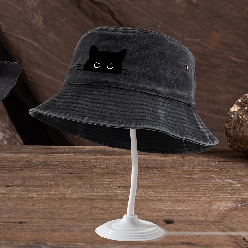Cute black cat print pattern fisherman hat with vintage style suitable for outdoor travel for men and women