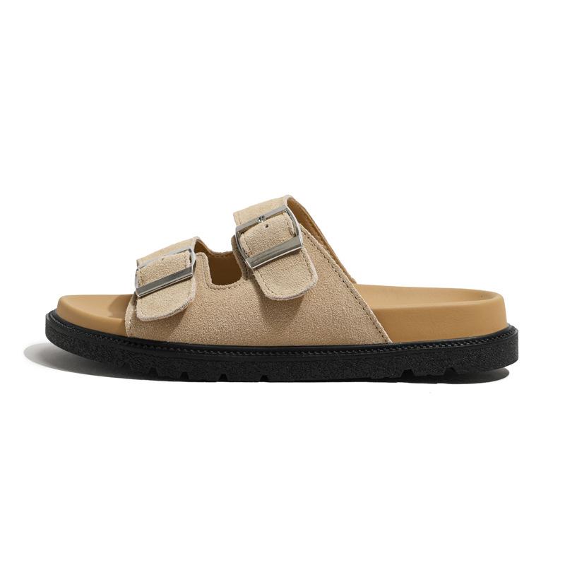 Leather Boken slippers women's sandals outside Texas holiday~ retro thick-soled double buckle with soft bottom stepping on shit slippers