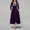 Lady Dress Contrast Colors Plaid Round Neck Patchwork Banquet Dress for Commute