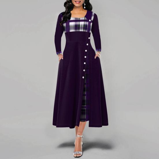 Lady Dress Contrast Colors Plaid Round Neck Patchwork Banquet Dress for Commute