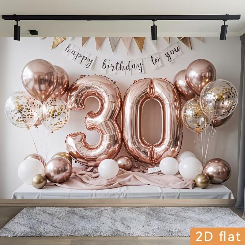 2D 30th Birthday Photography Backdrop Rose Gold Balloon & Banner Party Background