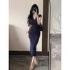 Summer Blue V-neck Knitted Hip-wrapped Dress Temperament Shows Body Long Dress High-end Dress