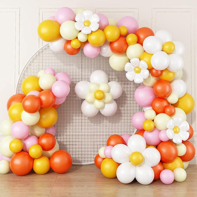 Colorful Macaron Daisy Wedding Dessert Table Decoration Set with Balloon and Flower Garland