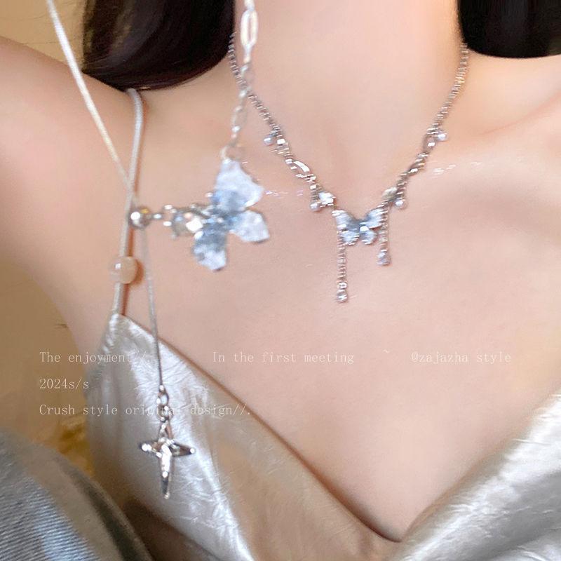 Ice Crystal Gradual Change Color Pearl Butterfly Fringed Necklace Women's Summer Exquisite High Sense Collarbone Chain Sweet Cool Babe Necklace