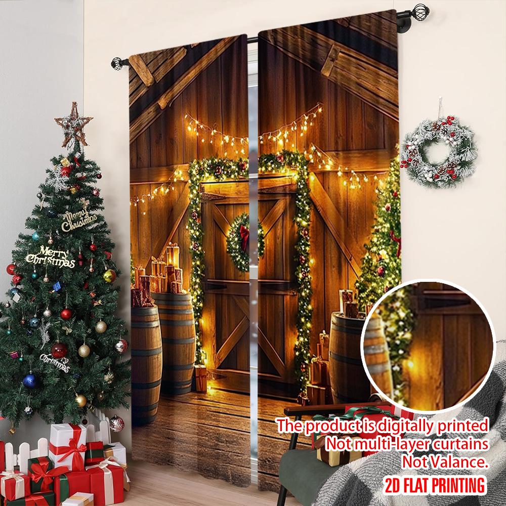 2 Stück 2D-Flachdruck Weihnachtsparty-Vorhang Weihnachtsscheune Szene Vielseitiger Polyesterstoff Ohne Strom Festlich
