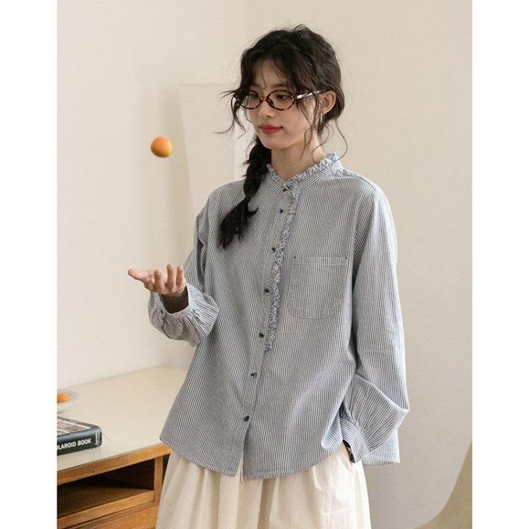 Japanese Blue Stripe Loose Long Sleeve Casual Shirt Women Top Johnature Spring