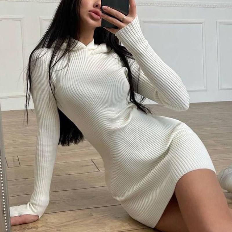 Autumn Winter Knitted Sweater Dress Women White Black Long Sleeve