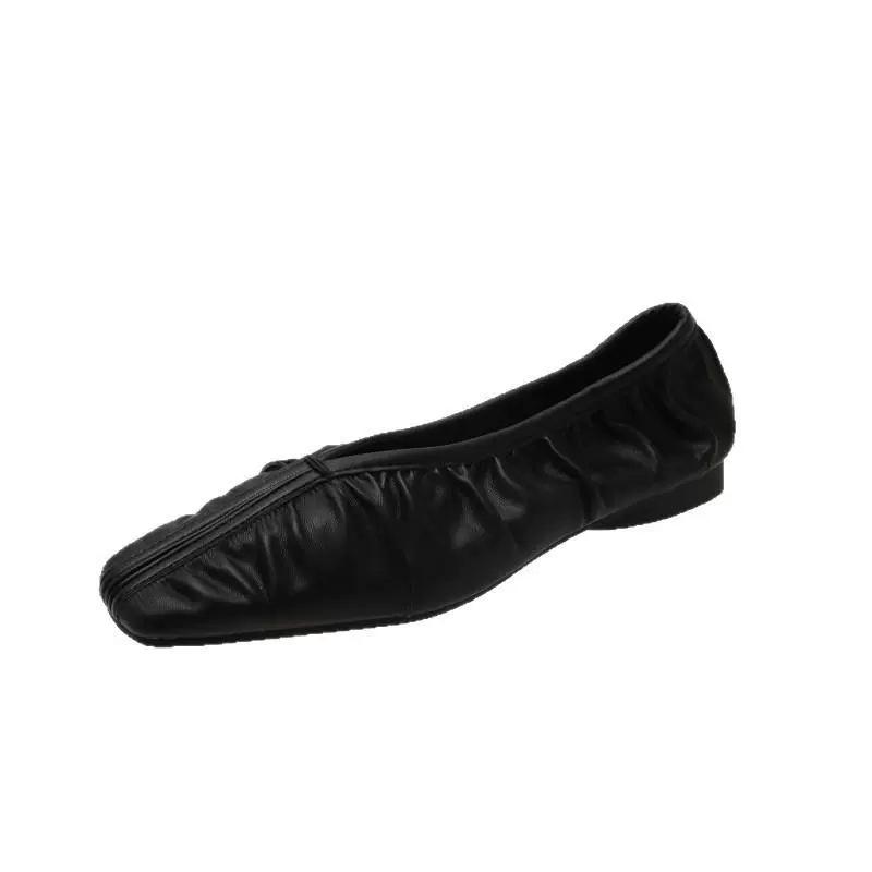 Trend apricot French square head pleated flat-soled single shoes fairy 2025 fairy wind ladyshoes versatile work shoes milk