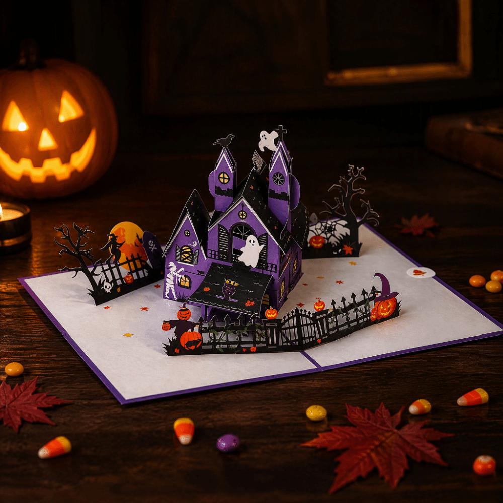 Cartoon Halloween Greeting Cards Multicolor Pumpkin Bat Spider Halloween Postcards with Envelope Ghost House Box