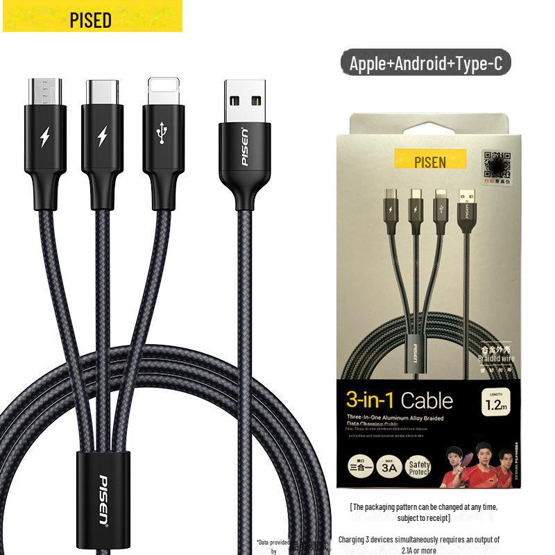 PISEN 3-in-1 Multi-Function Charging Cable: Compatible with Apple 14, Android, Type-C Devices.
