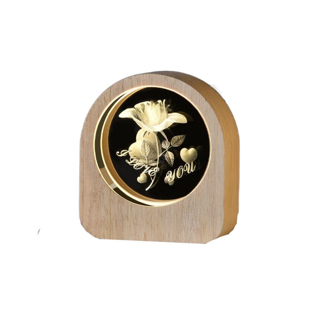 Warm Lights 3D Engraved Lamp Wooden Base Plug and Play Wood Crystal Night Light Decorative Laser Engraved