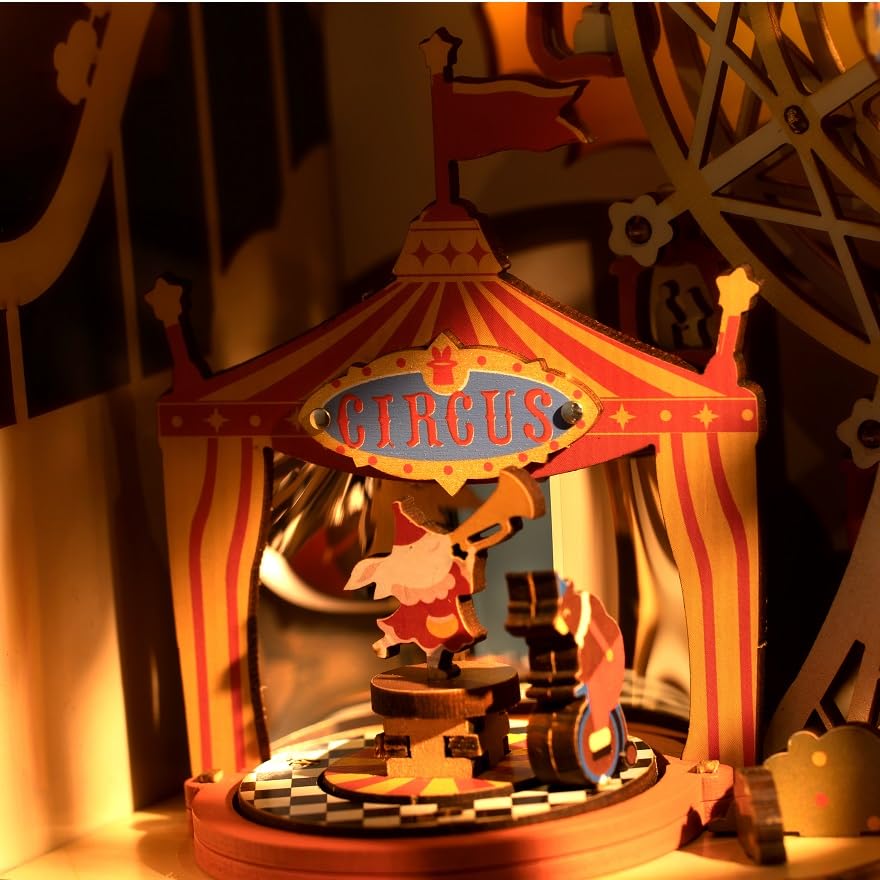 Tsukurundesu® 3D Wooden Puzzle with Japanese Instructions, Amusement Park Series, Lights Up, Moves, Spins, and Music (Sunset Park 2)