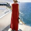 Women Summer Sleeveless Loose Fit Cotton Linen Midi Dress with Crew Neck and Practical Pockets for Casual Daily Wear