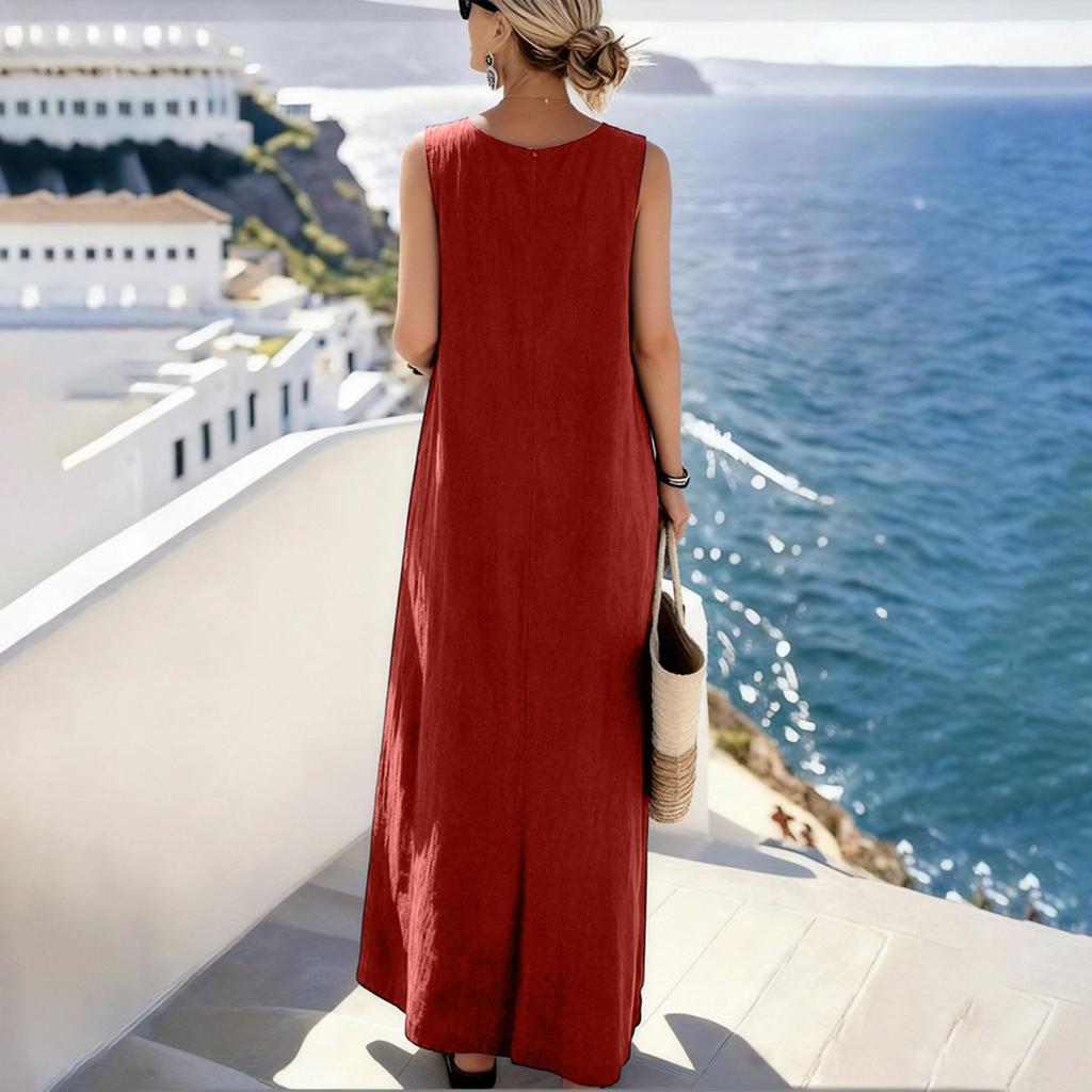 Women Summer Sleeveless Loose Fit Cotton Linen Midi Dress with Crew Neck and Practical Pockets for Casual Daily Wear