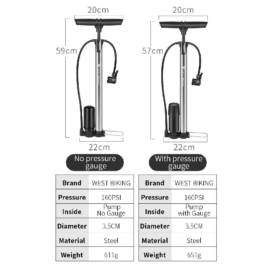 WEST BIKING Bike Floor Pump 120/160PSI High Pressure Cycling Pump Air Inflator Schrader Presta Valve Road MTB Bicycle Tire Pump