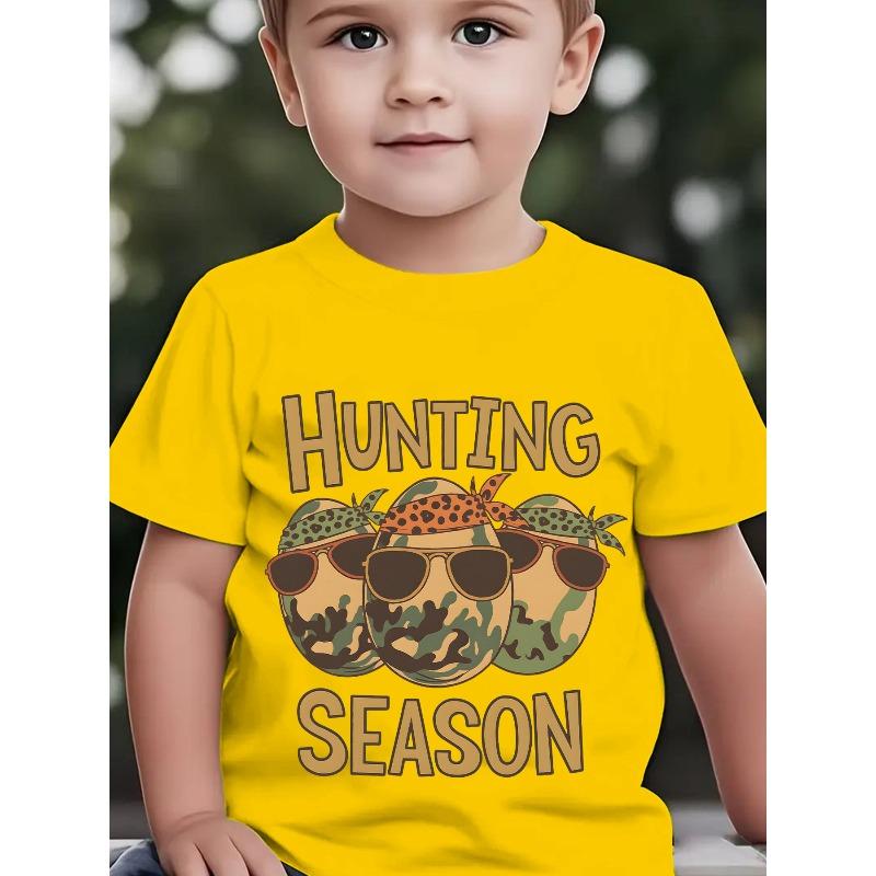 

European Size Boys Round-neck Short-sleeved T-shirt with Cartoon Camouflage Easter Egg Pattern Print 164cm жовтий