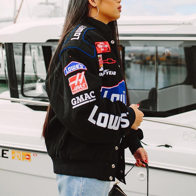 Womens Oversized Black Printed Streetwear Windbreaker Jacket Long Sleeve Casual Cycling Outerwear