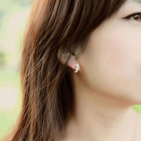 Women Shiny Rhinestone Flower Silver Plated Hoop Earrings Ear Clips for Party