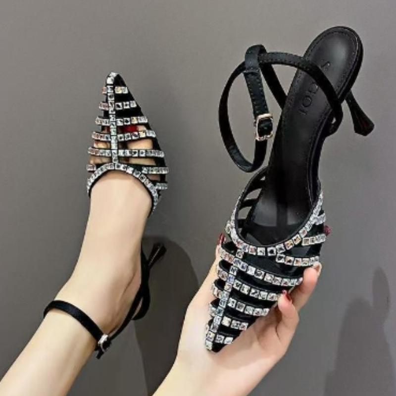 

Модная женская обувь 2024 года, высококачественные женские босоножки с ремешком на щиколотке, летние сандалии с острым носком и пряжкой, туфли на шпильке или тонком каблуке, неглубокие босоножки 40 чёрный