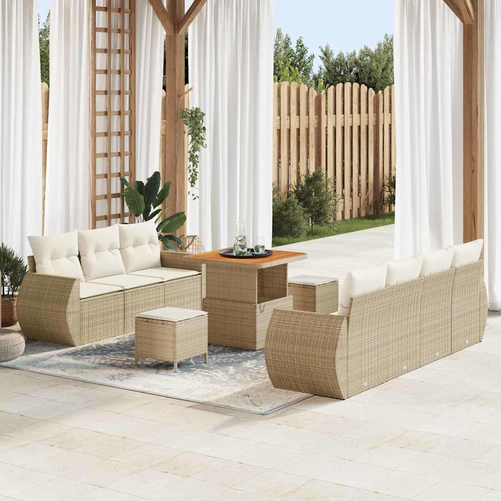 Garden Sofa Set with Cushions and Storage 10 Pieces Beige Poly Rattan