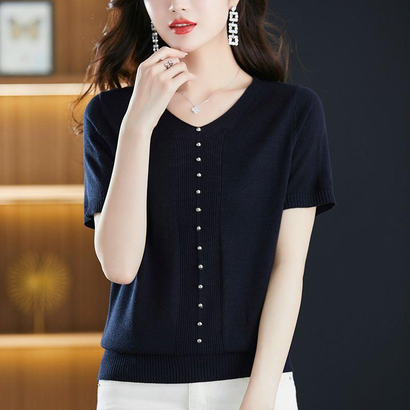 Été Nouveau T-shirt Tricoté en Soie Glacée pour Femmes Ample Col en V Manches Courtes T-shirt Haut Fin Manches Courtes