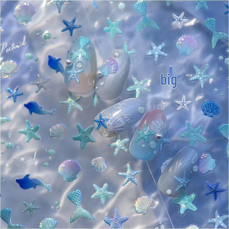 Gradient Blue Iridescent Seashell & Starfish Nail Art Stickers