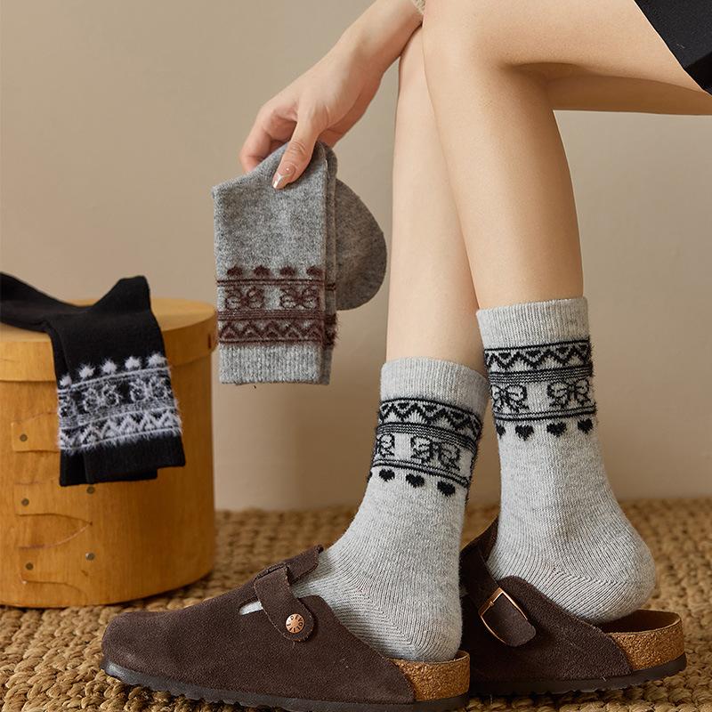 Mittellanges Röhrengarn mit Federn, farblich passende Wollsocken im Retro-Stil mit Schleife, für Zuhause und Freizeit, wärmespeichernd, verdickt, Thermosocken