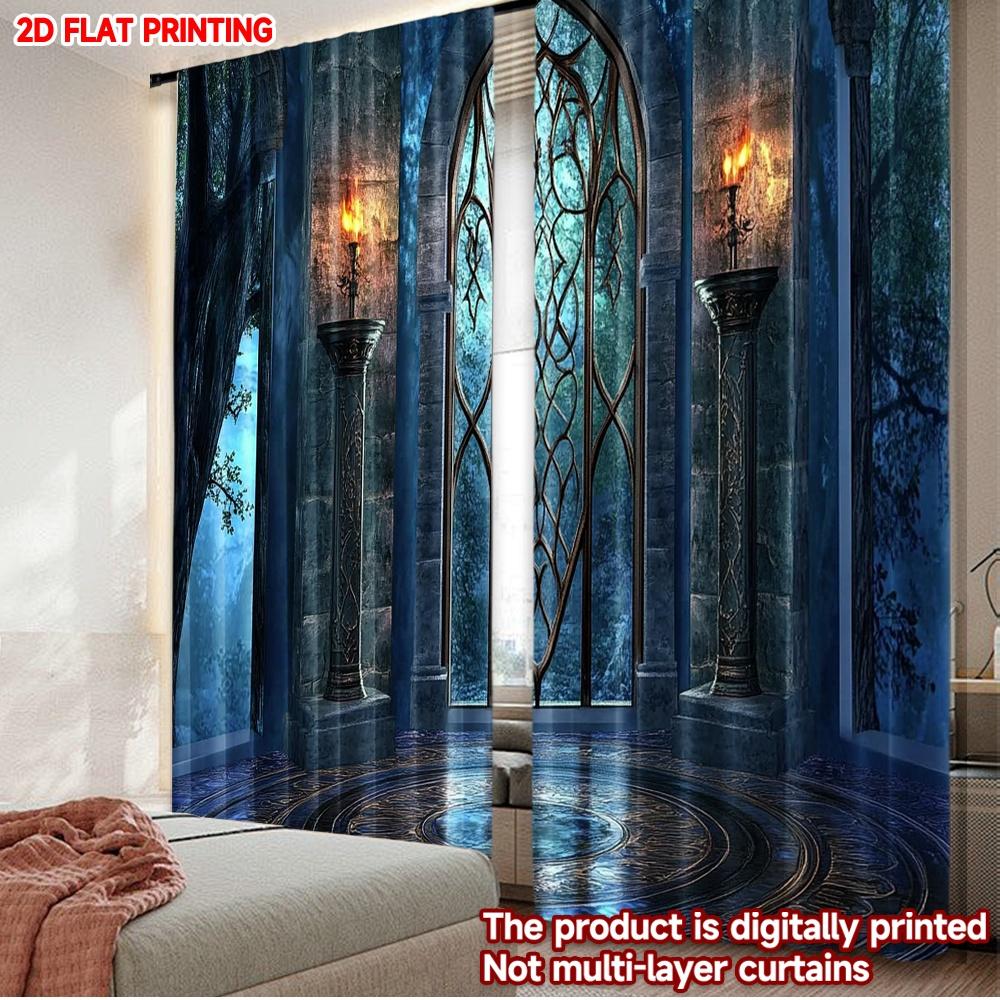 

2pcs Mystical Arch Window Curtains Enchanted Forest View with Torchlight on Ornate Floor for Themed Bedroom Decor 100*130 Grommet Top 1pcs