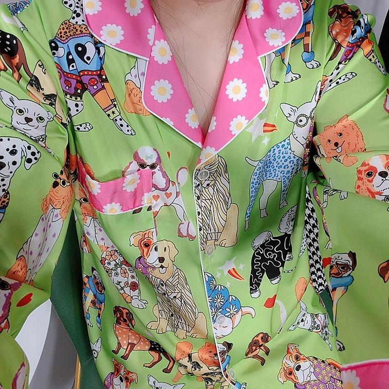 Autumn Silk Sleepwear Green Cartoon Print Women Pajamas Set Long-sleeved 2 Pcs with Trousers Satin Cardigan Home Clothes Female