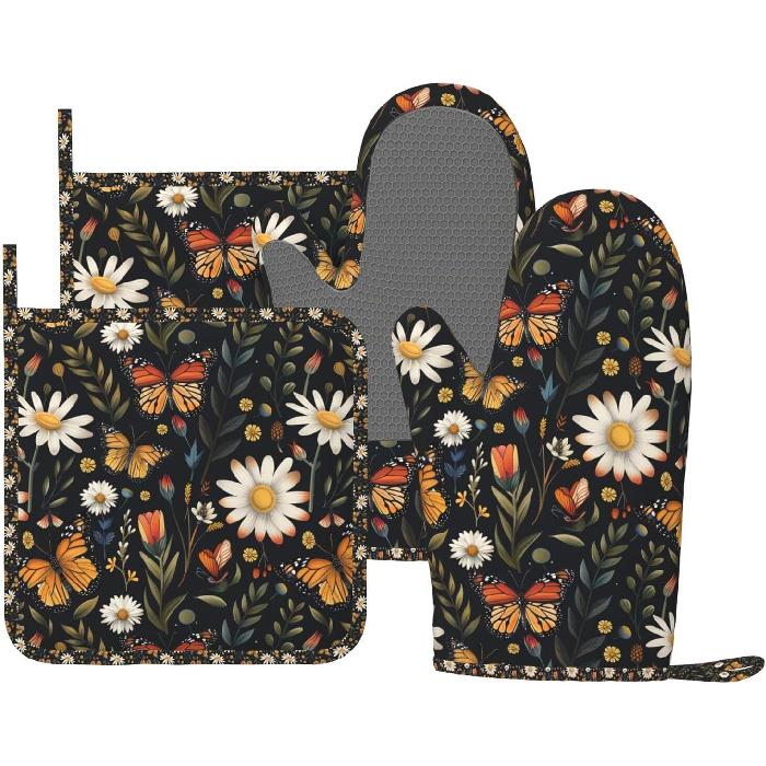 Oven Mitts Pot Holders Set Vintage Butterfly Moon Flower Silicone Kitchen Gloves Potholders Heat Resistant for Chef Baking Cooking Grilling BBQ 4