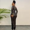 European and American new semi-turtleneck long-sleeved perspective hot diamond sexy slim-fitting hip-wrapped dress women's clothing