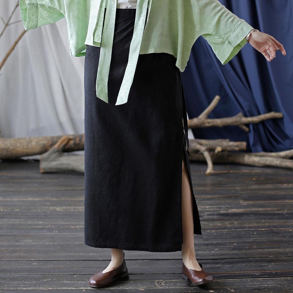 Johnature Women Vintage Linen Bandage Skirts Solid Color Autumn High Quality Women A-Line Skirts