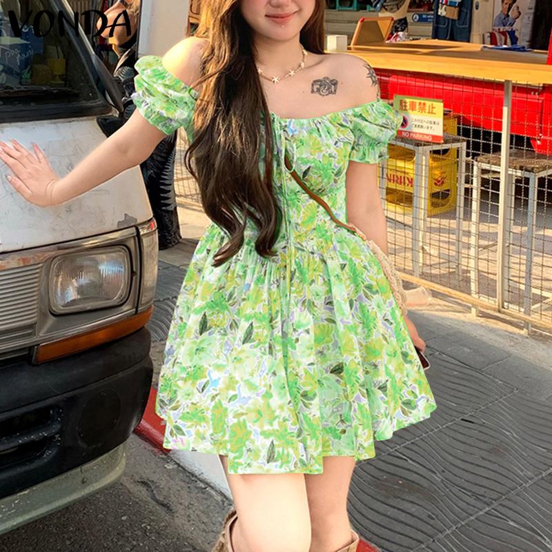 VONDA Vestido Mini Casual con Volantes para Vacaciones con Estampado Floral y Manga Corta Descubierta para Mujer