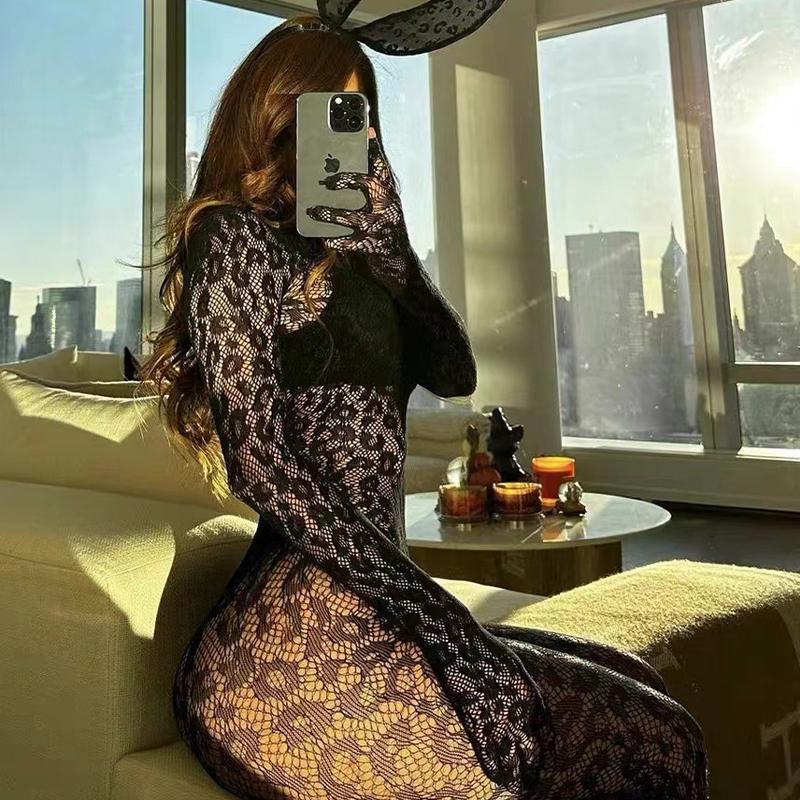 New Sexy Lace Lingerie Women Transparent Catsuit Open Full Body Stockings For Sex Halter Backless Long Sleeves Teddies Bodysuits