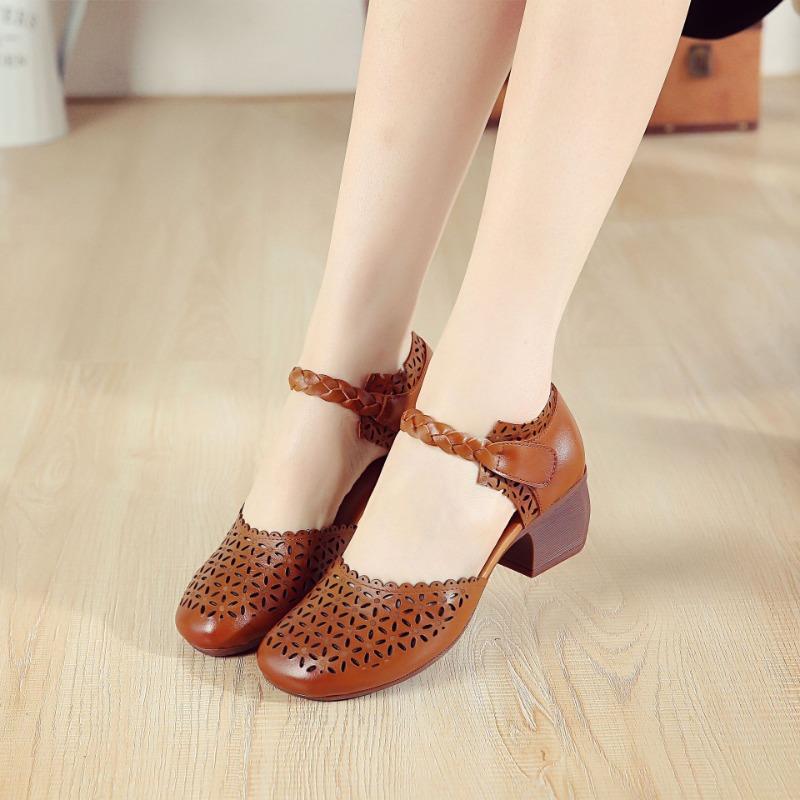 Summer New Casual Beef Tendon Sole Women's Shoes Genuine Leather Fish Mouth Sandals Women's Thick Heel Soft Sole Hole Shoes