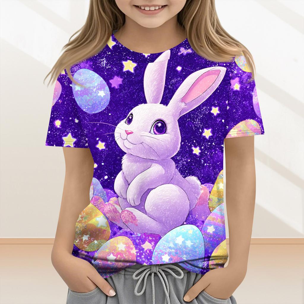 Lässige und modische Osterkleidung für Kinder, mit Hasen, Ostereiern und bedruckten kurzärmeligen Oberteilen und T-Shirts.