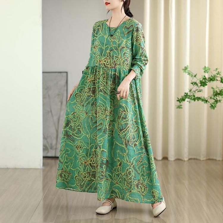 New Vintage Floral Maxi Dress Women Plus Size Spring Long Sleeve Loose Oversize Basic Long Dress