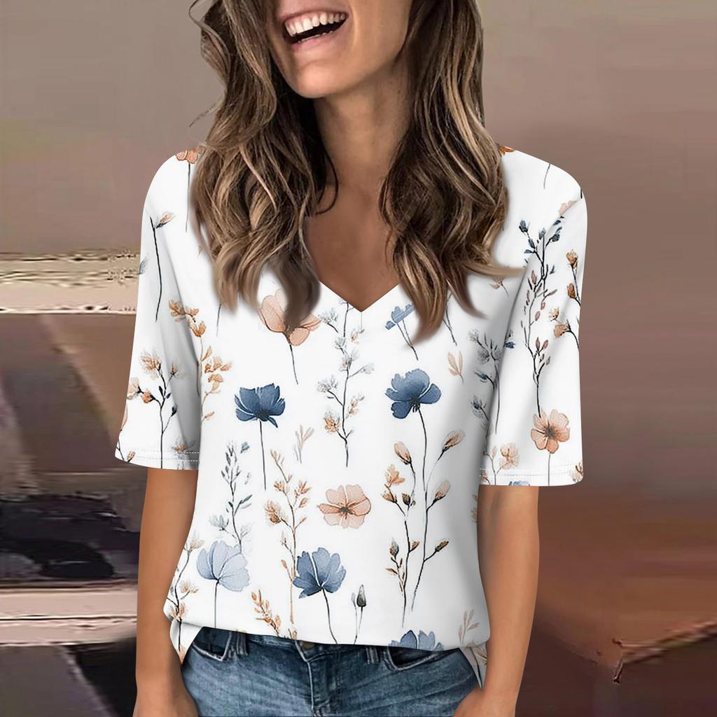 Women's Fashionable Casual Short-sleeved Five-quarter Sleeve Floral Print V-neck Top