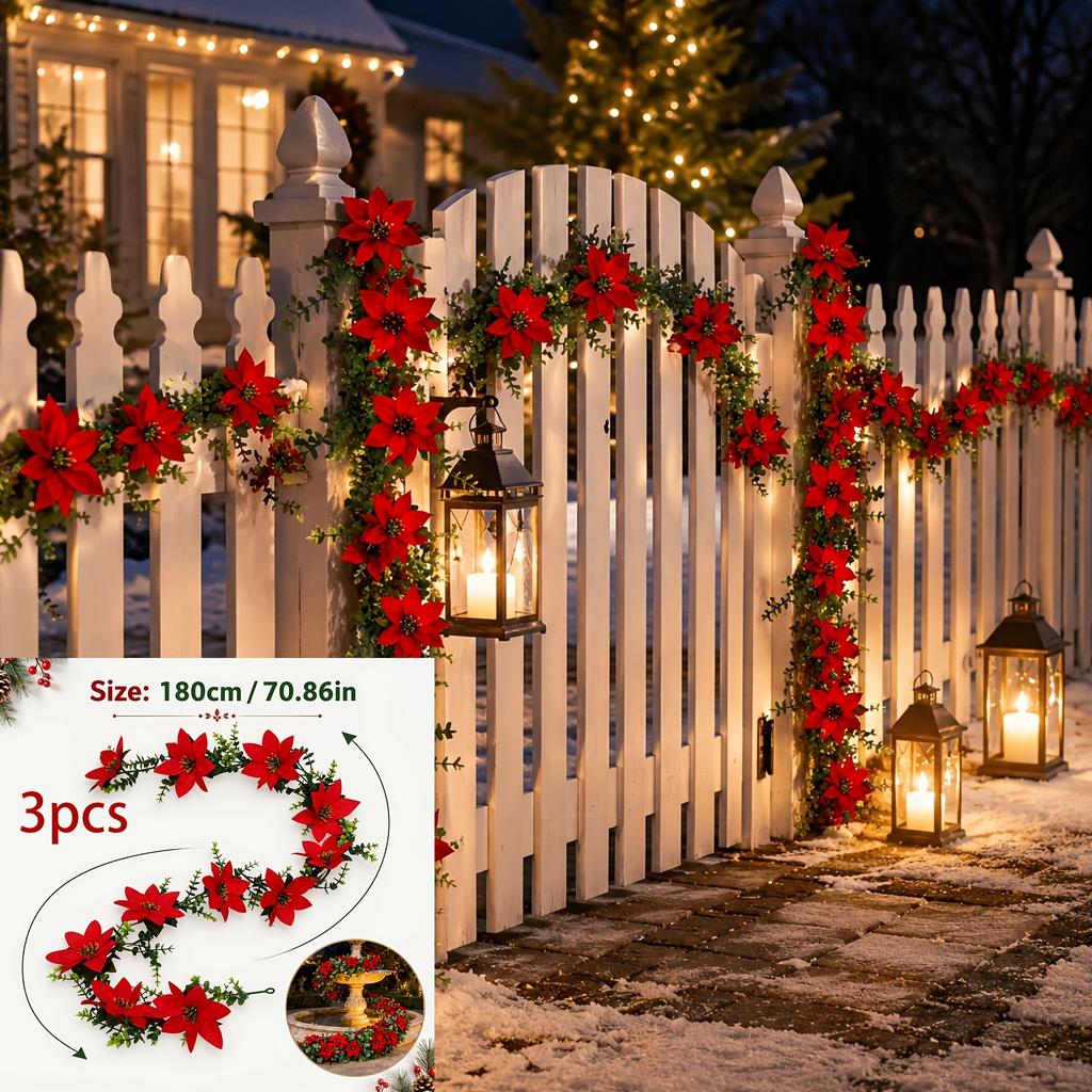 1pcs Christmas Artificial Beautiful Eucalyptus Red Poinsettia Rattan Decor - Realistic Faux Flowers, Suitable for Indoor/Outdoor Use