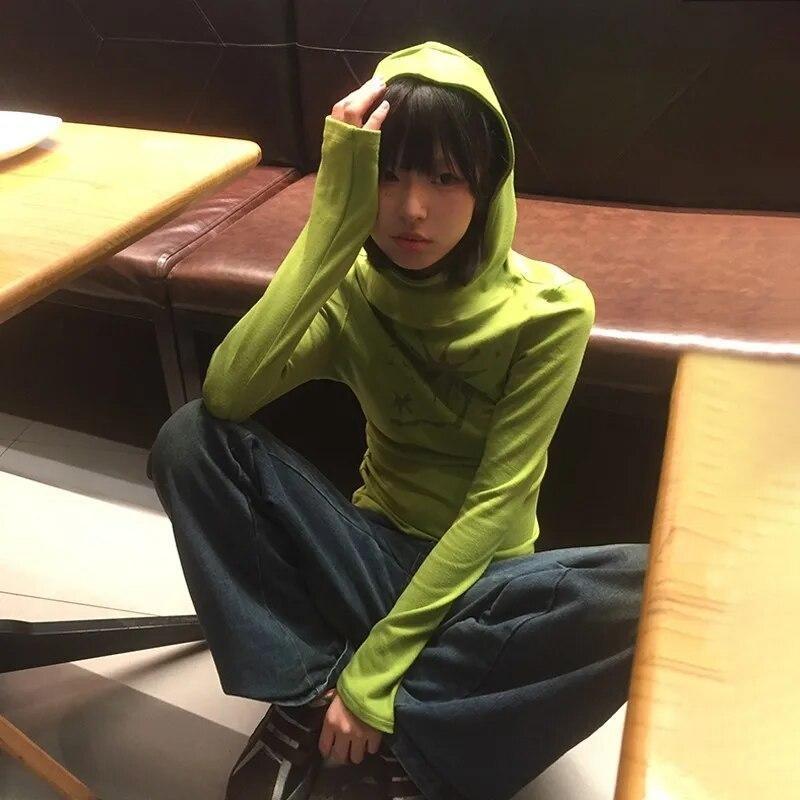 2KWEIRD Japanese Y2k Hooded T-shirt Grunge Aesthetics Green Long Sleeve Tee Shirt Vintage Harajuku Hooded Tops 2000s Streetwear