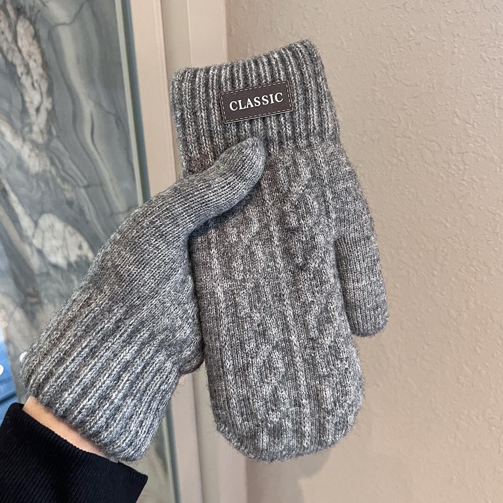 Velvet Thickened Warm Gloves Winter Men's Windproof and Cold-proof Woolen Knitted Double-layered Mittens for Students Outdoor Riding Trend