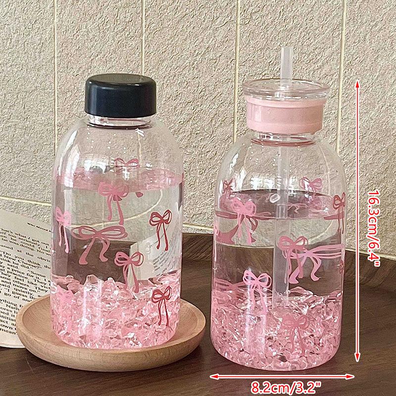 Kawaii Vattenflaska Estetisk Tumlare För Iskaffe Juice Te Söta Rosett Plastmuggar Med Sugrörslock Bärbar Drickflaska