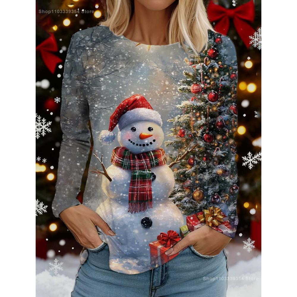 Christmas Cute Snowman 3D Print Round Neck Long Sleeve Women's T-Shirt, New Comfortable and Fashionable Top